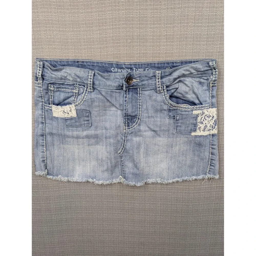 Cowgirl Tuff Co Skirt Womens 32 Blue Denim Mini Lace Patches Raw Hem Cowboy